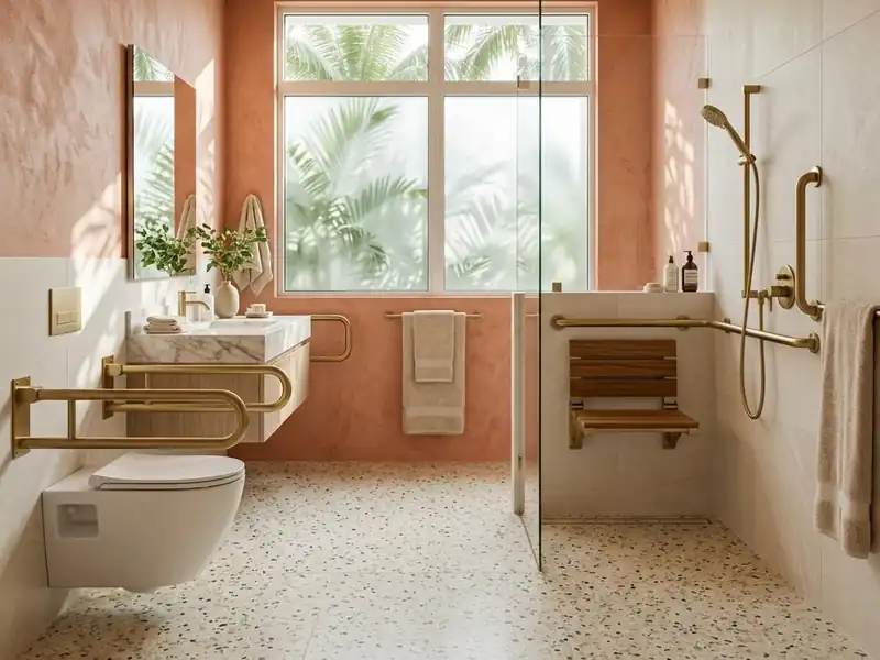 Accessible bathroom with brass grab bars, a built in shower bench, handheld shower and wide clear floor