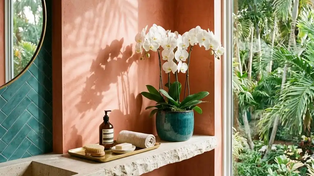 Sunlit bathroom corner with a coral plaster wall, stone shelf and orchids