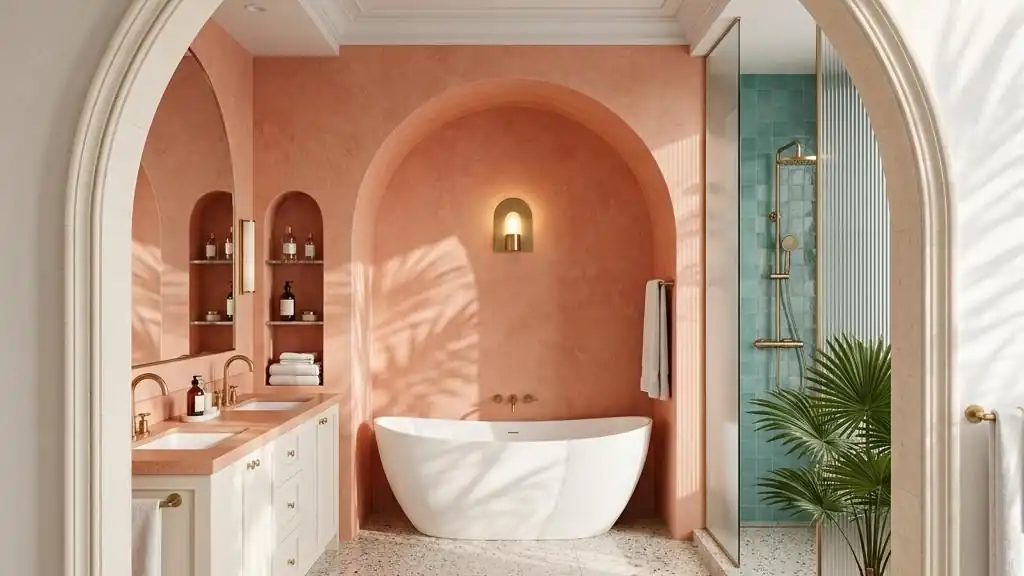 View through a doorway into an elegant coral and white bathroom with an arched niche