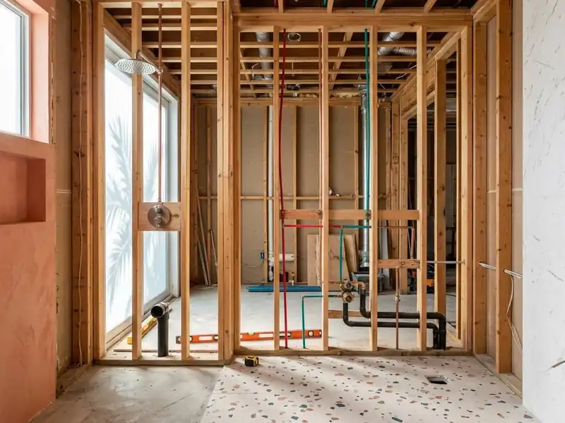 Bathroom mid renovation with new wall framing and relocated plumbing for a reworked layout