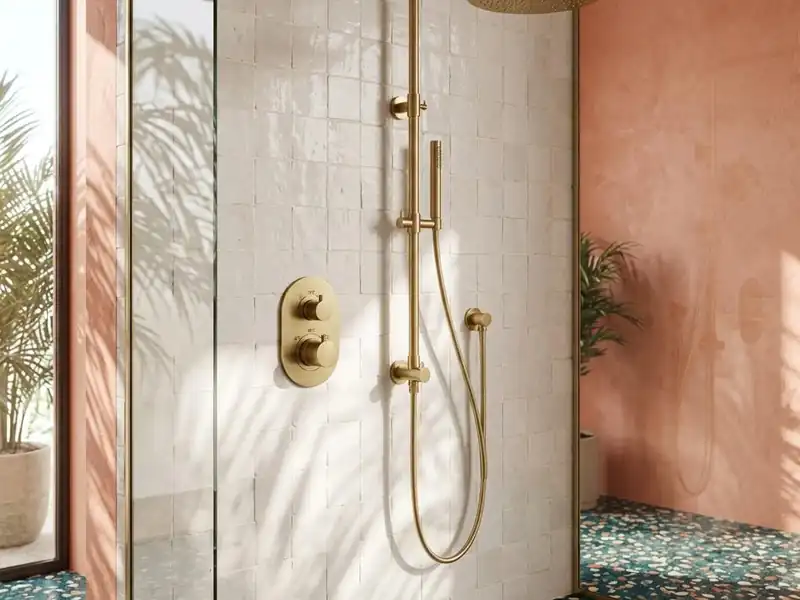 Brushed brass thermostatic shower valve and exposed brass shower pipework on a tiled wall
