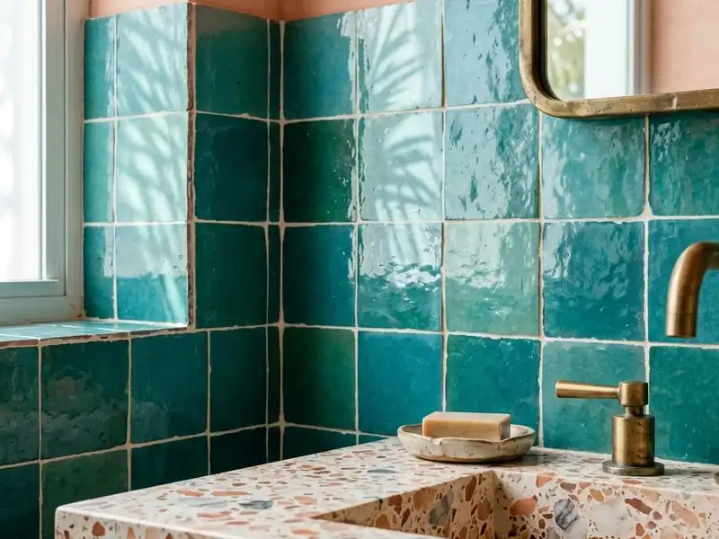 Handmade teal zellige tile meeting a terrazzo floor