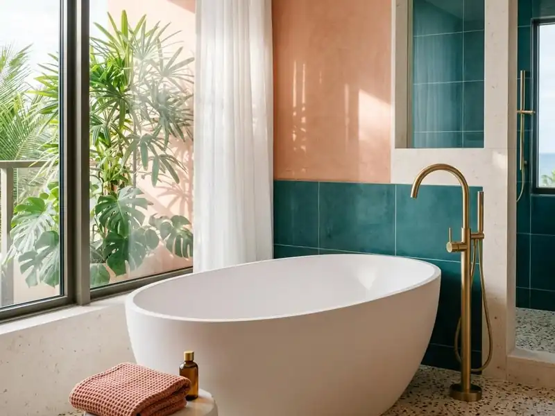 Freestanding oval soaking tub beside a tall window with a floor mounted brass tub filler