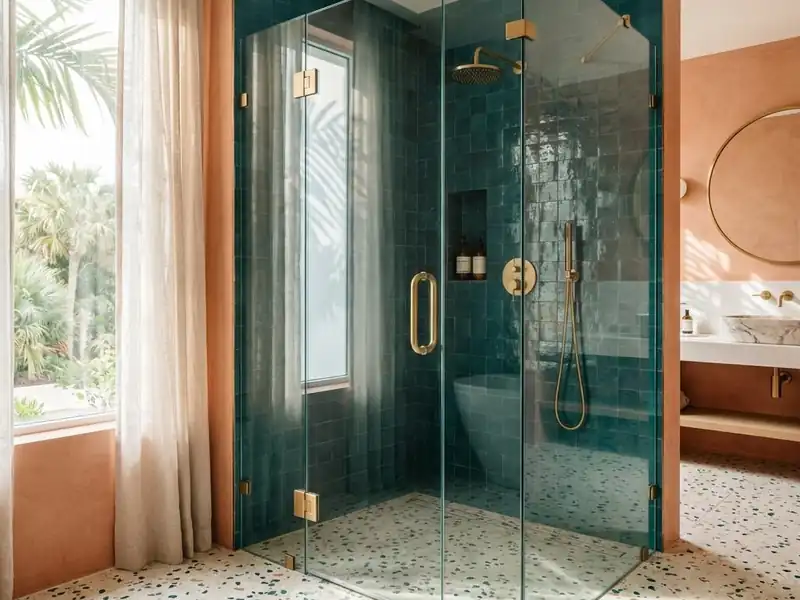 Frameless custom glass shower enclosure with brushed brass hinges and handle