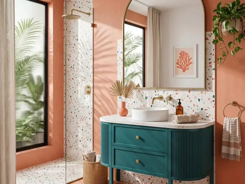 Coral and white terrazzo bathroom with an arched mirror above a teal vanity
