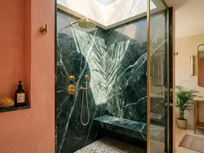 Dark green marble shower with brass fixtures lit by a skylight