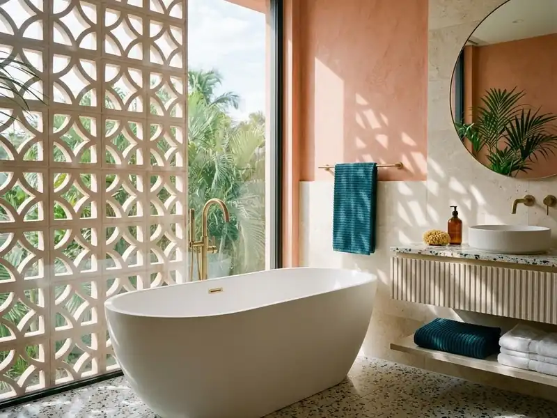 Bathroom with breeze block window screen casting patterned shadows across a white tub
