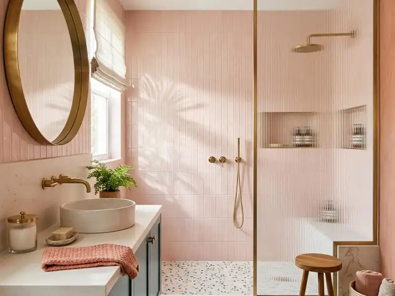 Shell pink tiled bathroom with a fluted glass shower and round brass mirror
