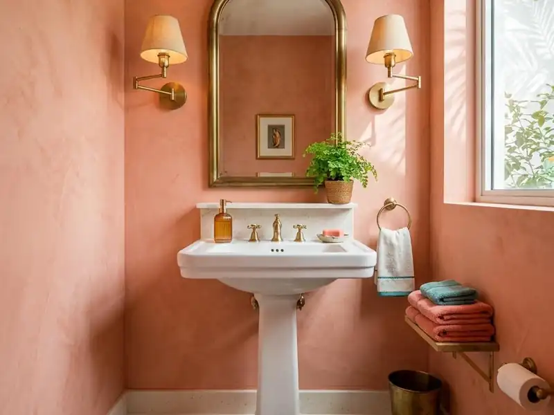 Guest powder bathroom with coral plaster walls, a pedestal sink and warm brass wall sconces