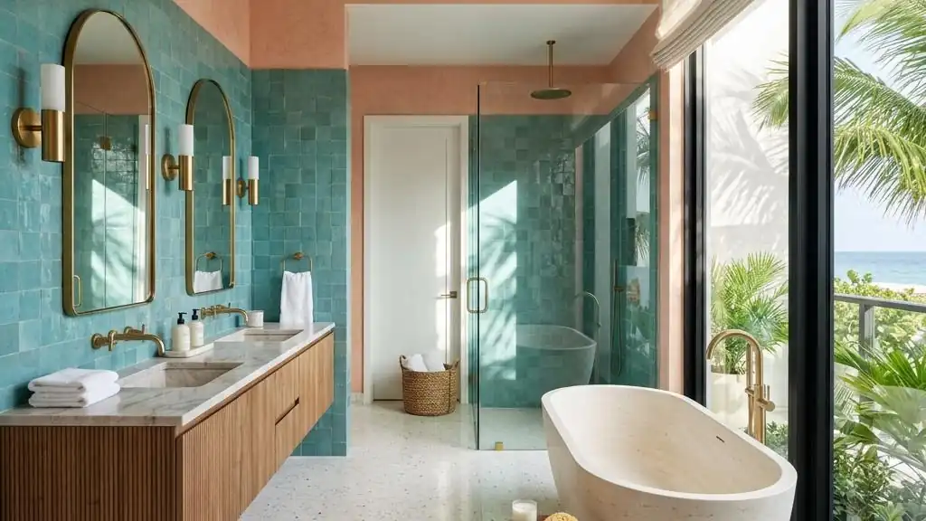 Bright Miami primary bathroom with a freestanding stone tub, teal zellige tile and palm shadows from a tall window