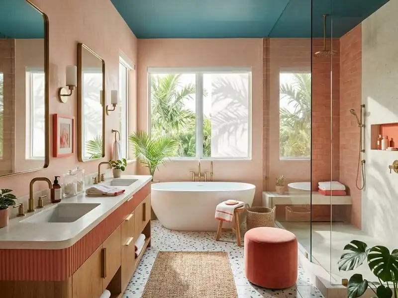 Spacious primary bathroom with a double vanity, soaking tub, large glass shower and coral plaster accents