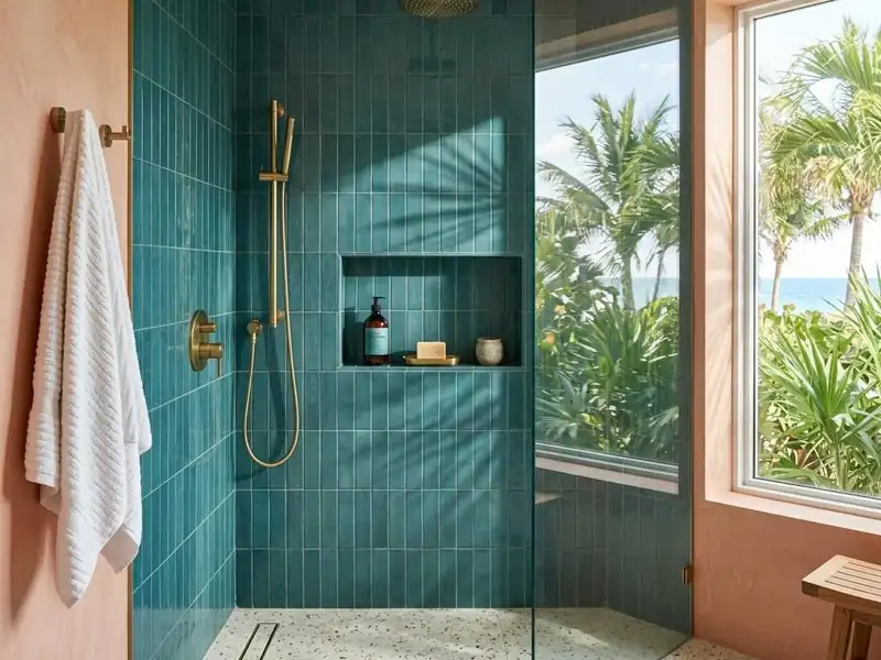 Remodeled walk in shower with lagoon teal vertical tile, brass rain head and a recessed niche