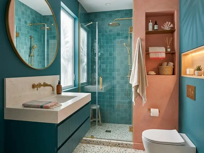 Compact bathroom with a floating vanity, round mirror, clear glass shower and recessed shelving