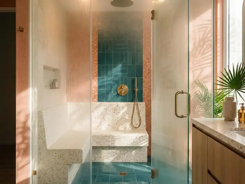 Enclosed steam shower with a full height glass door, tiled bench and a soft haze of steam