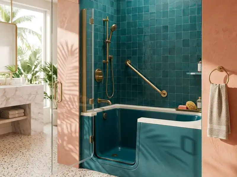 Walk in bathtub with a side door and handrail installed in a tiled bathroom alcove
