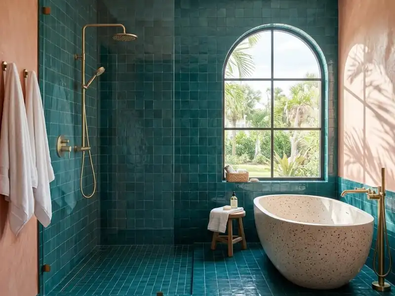 Fully tiled teal wet room with an open shower area and a freestanding tub in the same space
